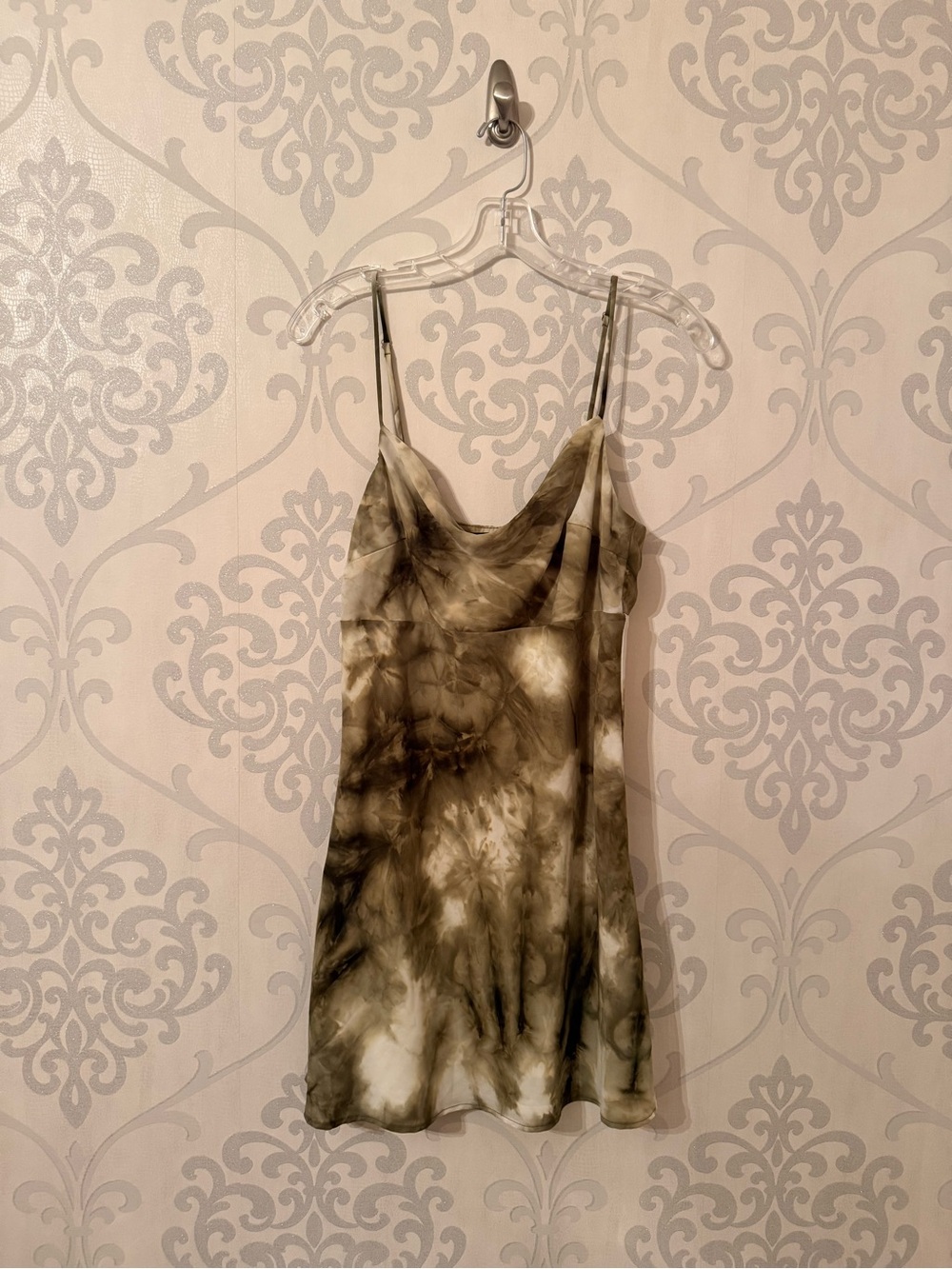 Lulus Olive Tie-Dye Satin Cowl Neck Slip Dress